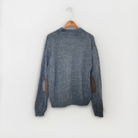 CHAPS Men's Grey Henley Cotton Knit Sweater XL w/Brown Suede Elbow Patches - Picture 7 of 8